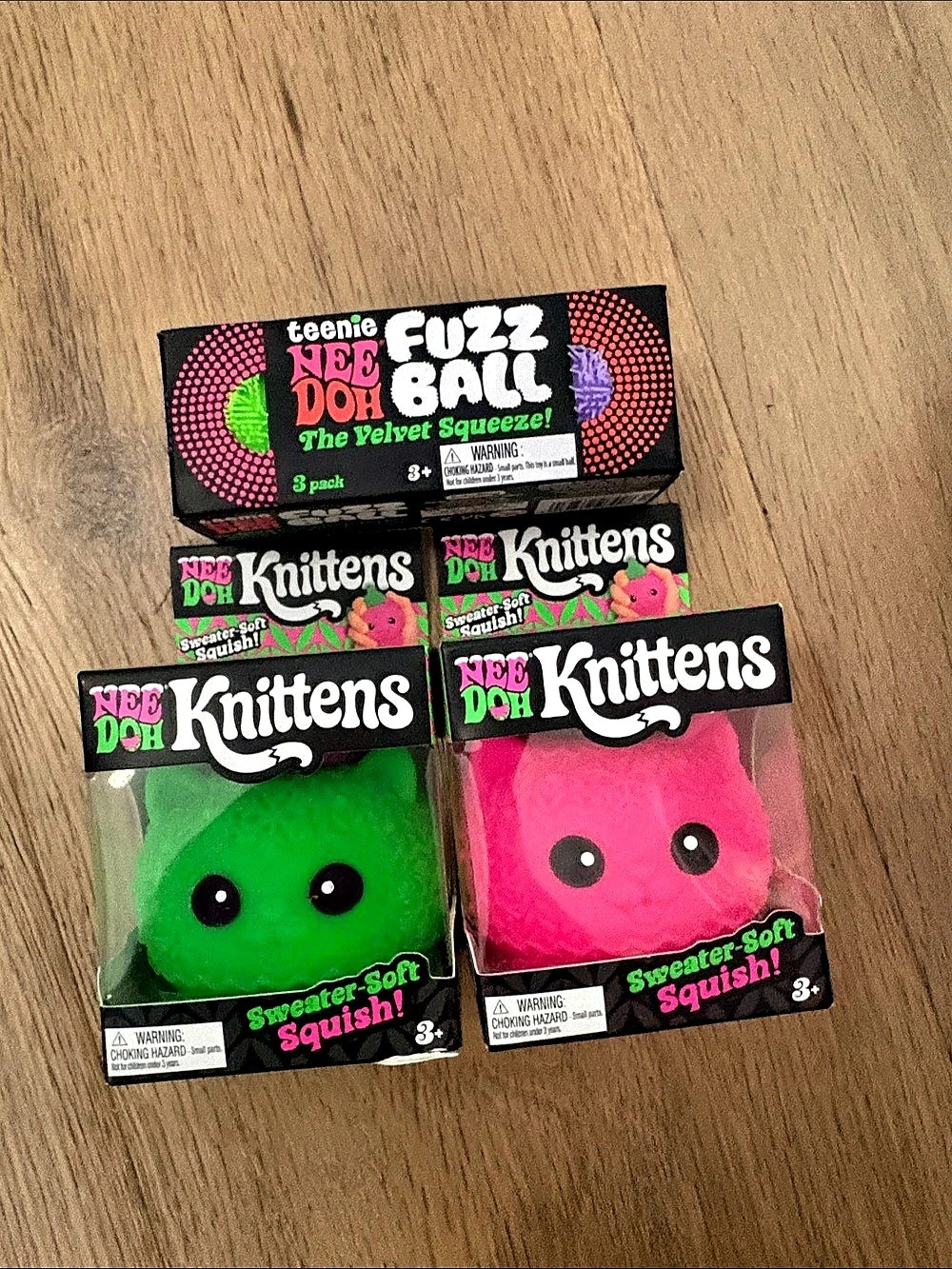 NeeDoh Knittens Green & Pink. NeeDoh Fuzz Ball Squish Toys Green & Pink. 3 Needo